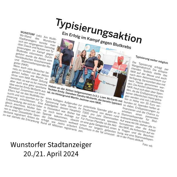 Artikel über Typisierungsaktion im Wunstorfer Stadtanzeiger
